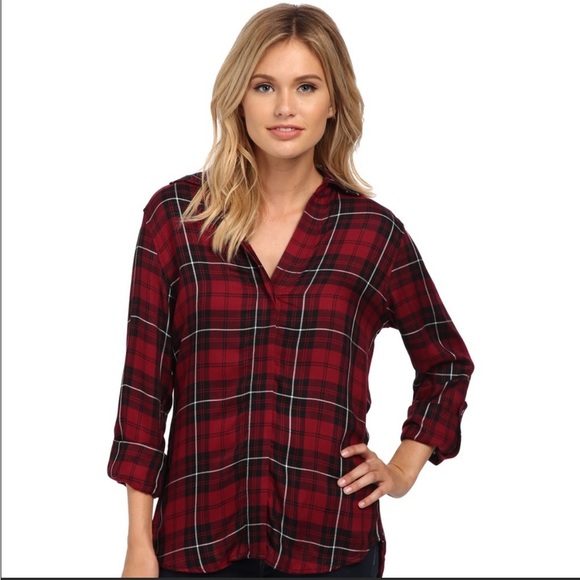 Sam Edelman Plaid Zipper Split Back Top Size S black and red with white stripes - Picture 4 of 15